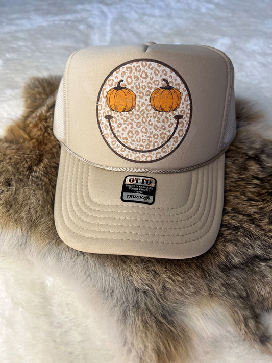 Cheetah Pumpkin Eyed Smiley Trucker Hat