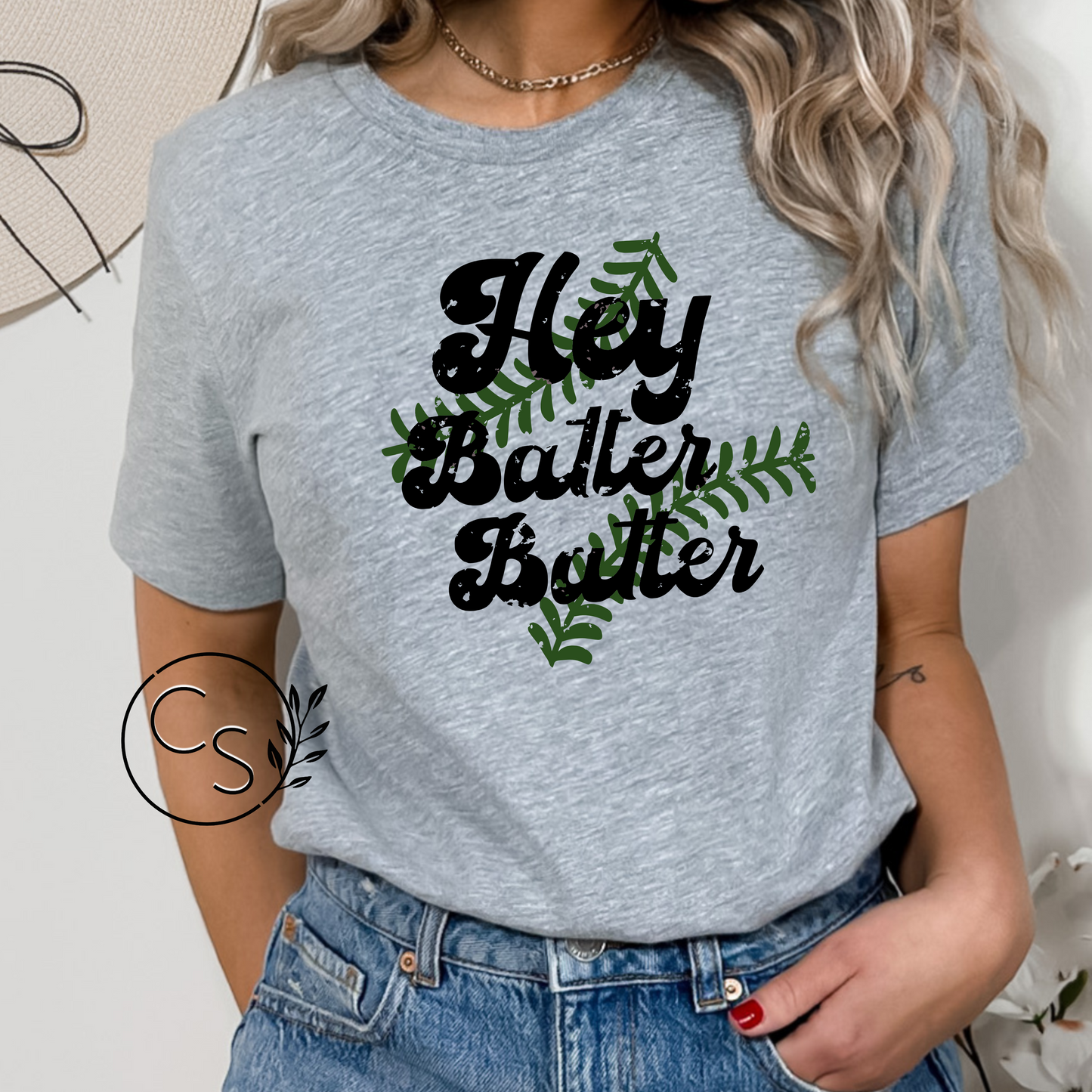 Hey Batter Batter Tee (green and black)