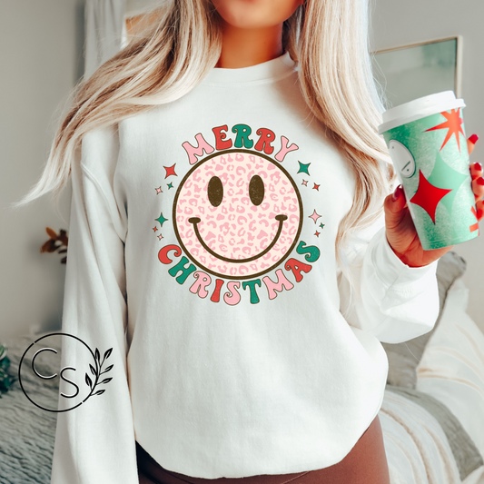 Merry Christmas Pink Smiley Crew (3 color options)