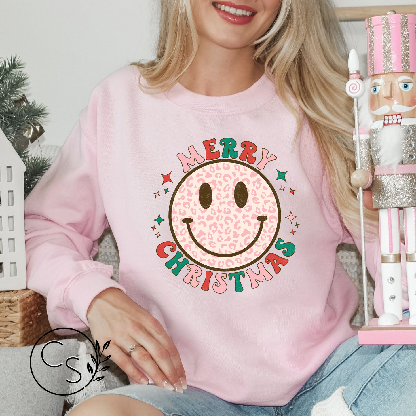 Merry Christmas Pink Smiley Crew (3 color options)