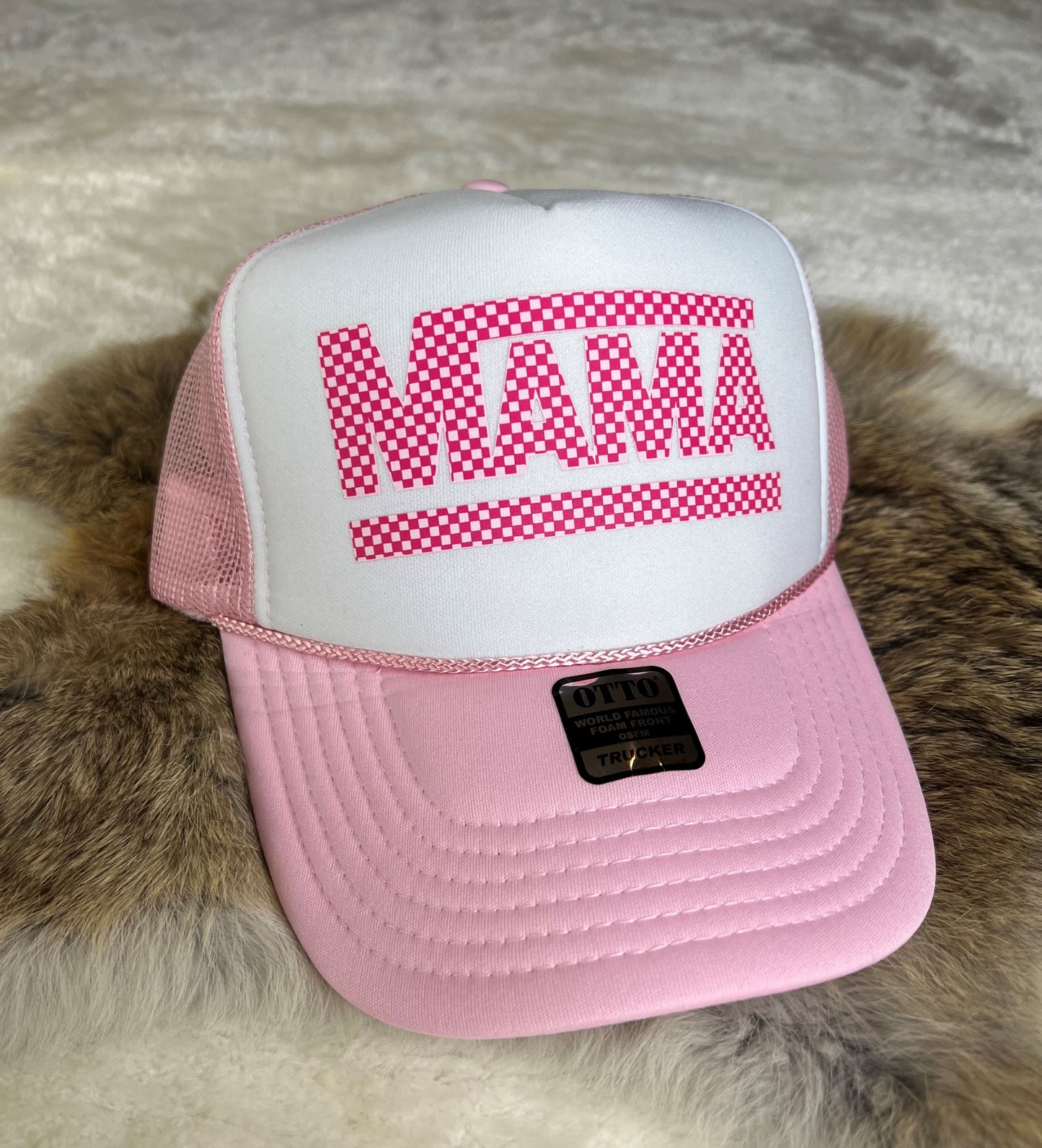 Hot Pink and Light Pink Checkered MAMA Trucker Hat