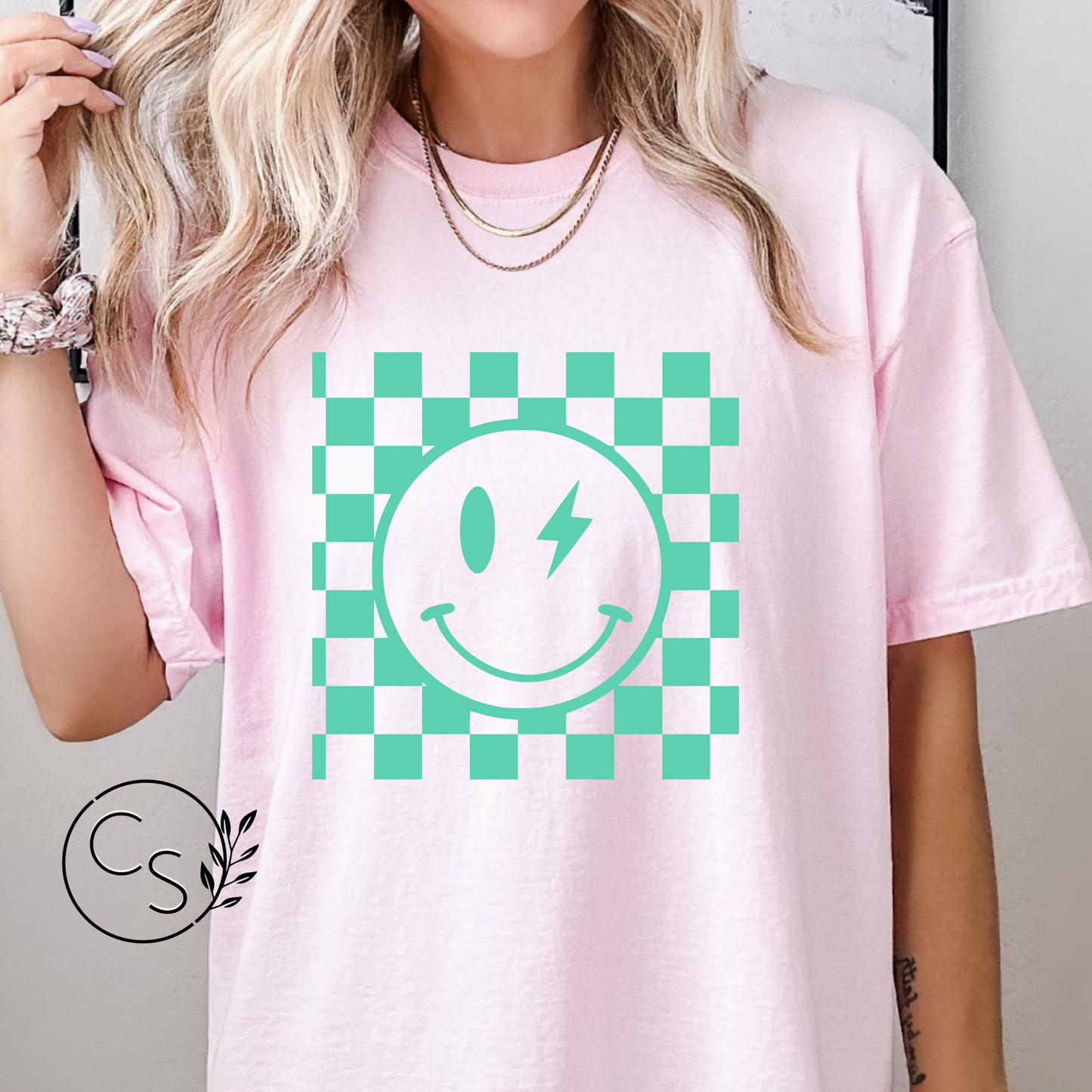 Seafoam Green Smiley with Lightning Wink Tee