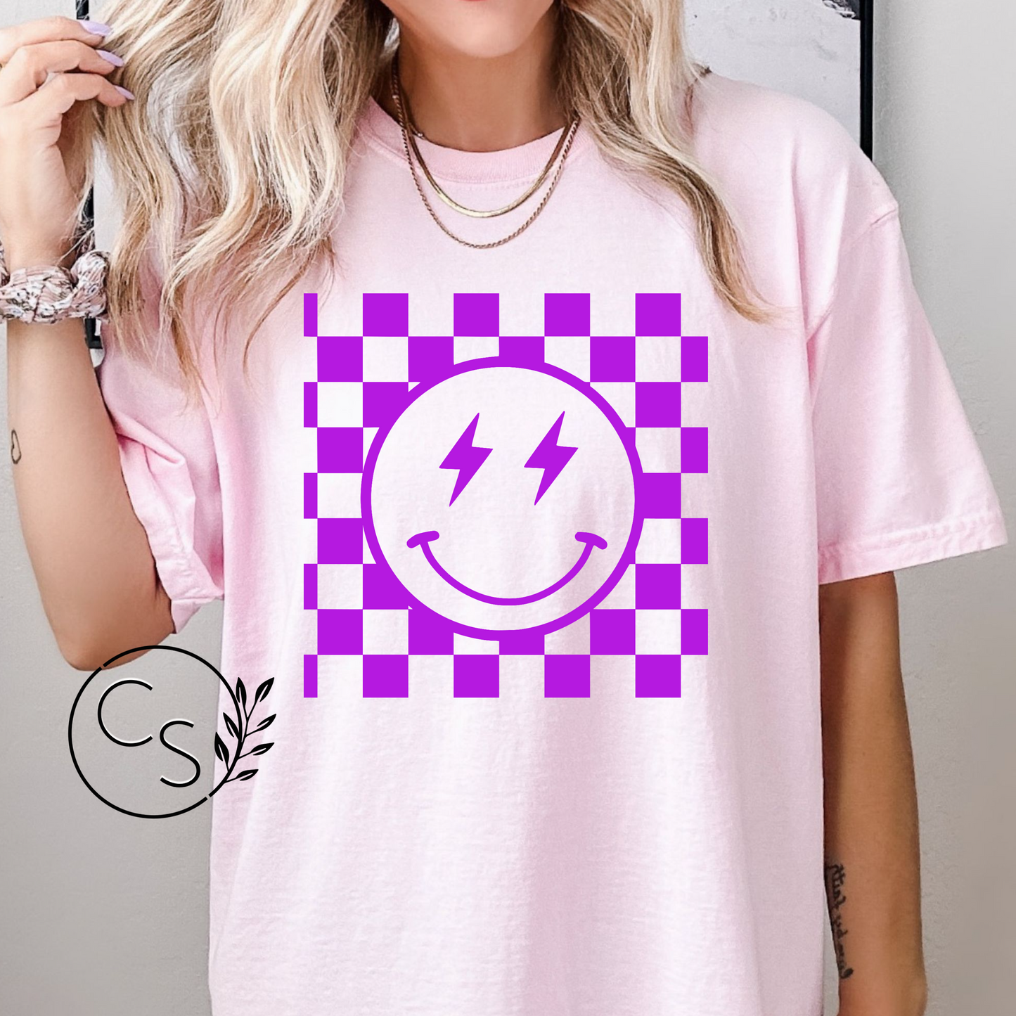 Purple Smiley with Lightning Bolt Eyes Tee (2 color options)