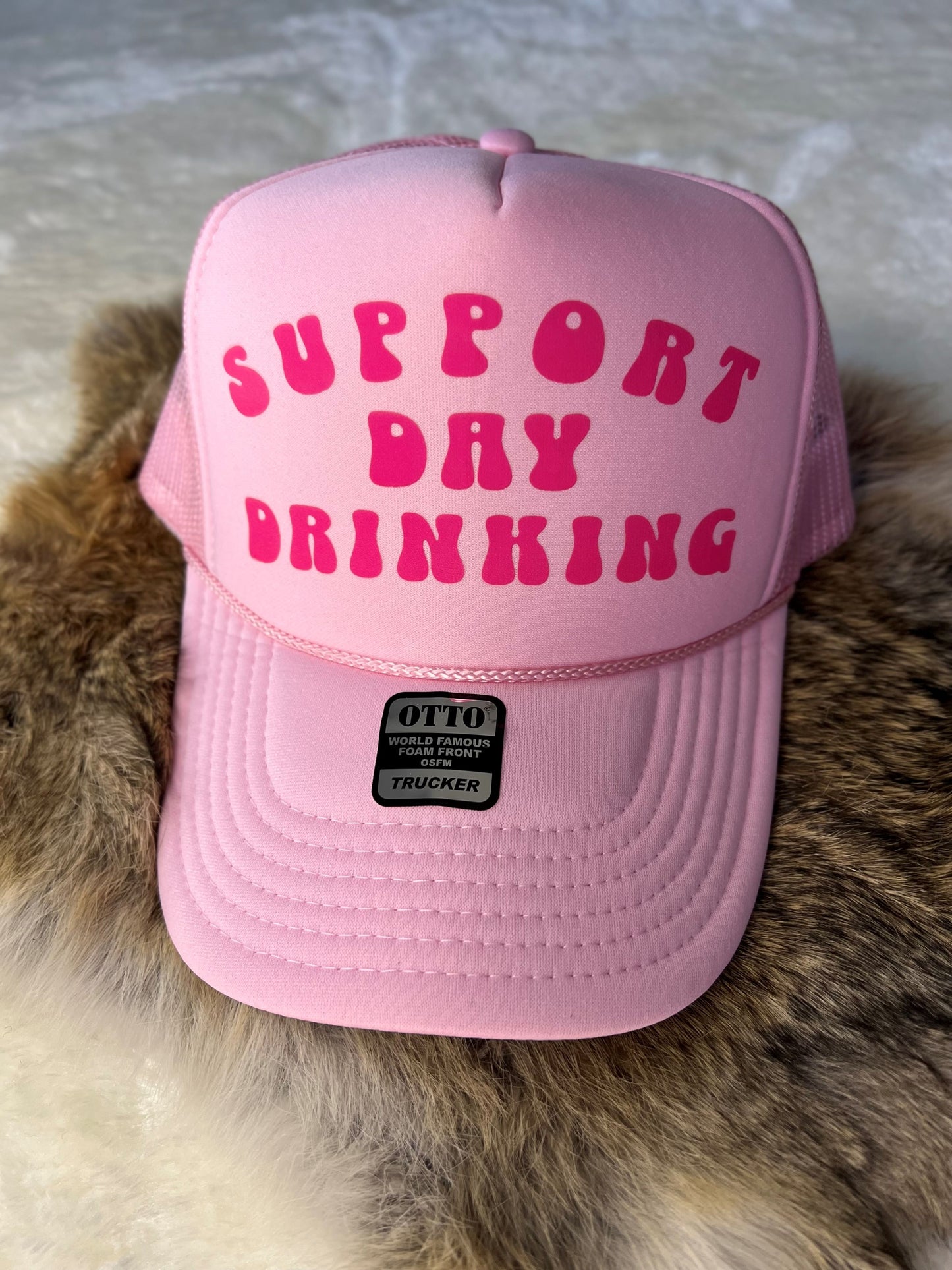 Support Day Drinking Trucker Hat (pink graphic)