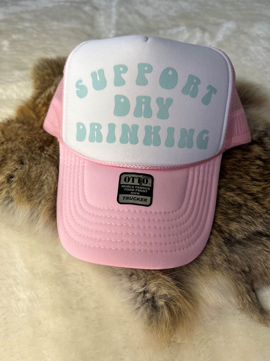 Support Day Drinking Trucker Hat (soft blue graphic)