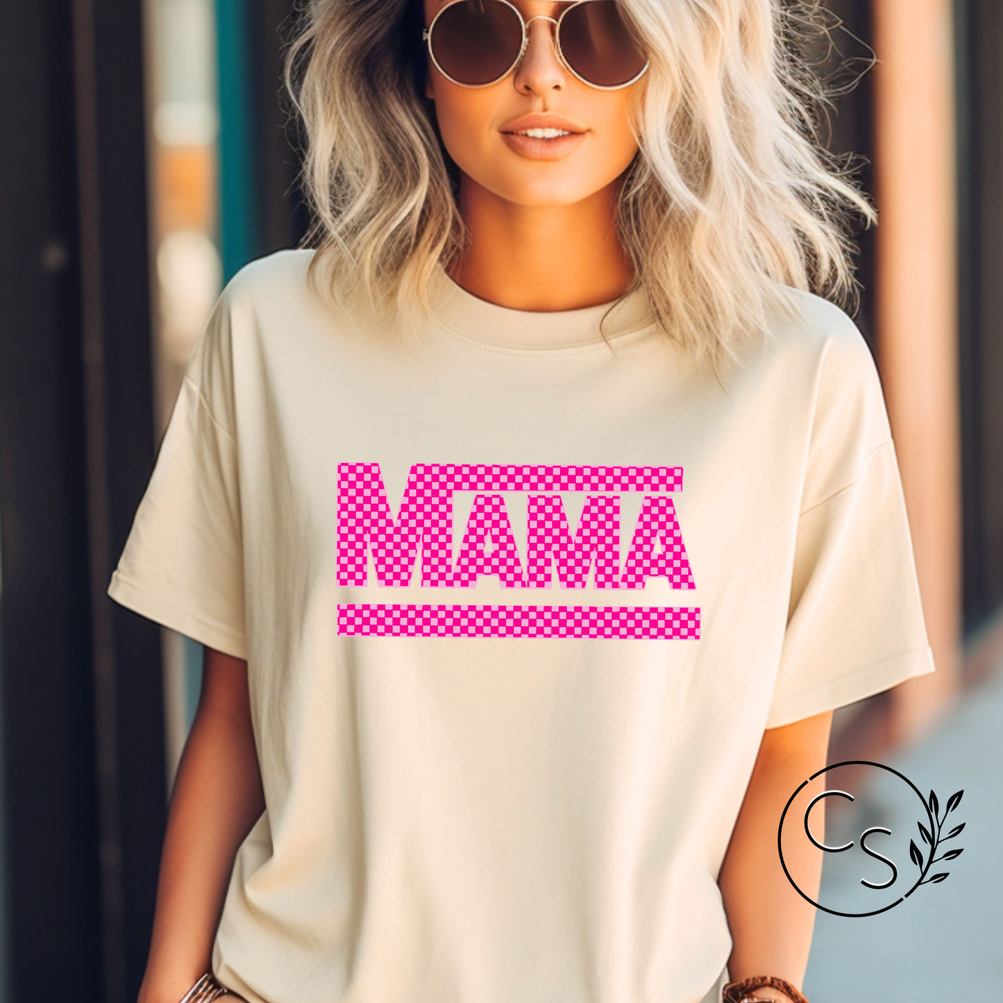 Hot Pink and Light Pink Checkered MAMA Tee