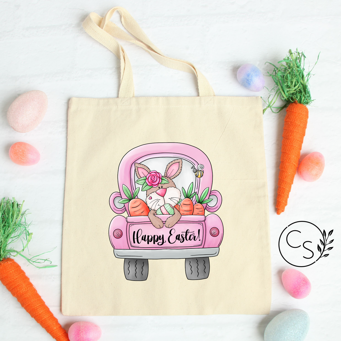 Pink Truck and Bunny Tote Bag